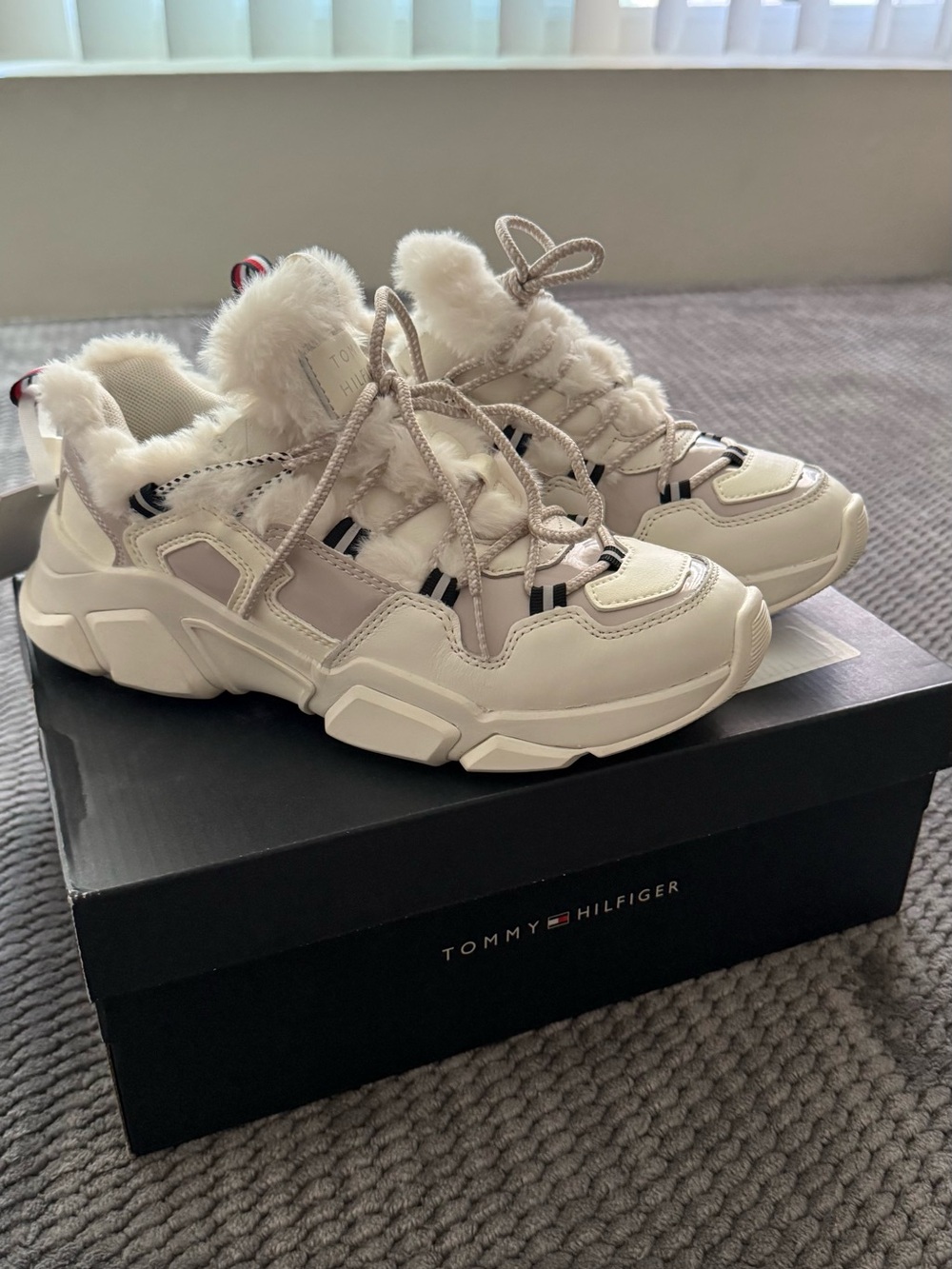 Tommy Hilfiger Cream and Beige Fur-Trim Chunky Sneakers